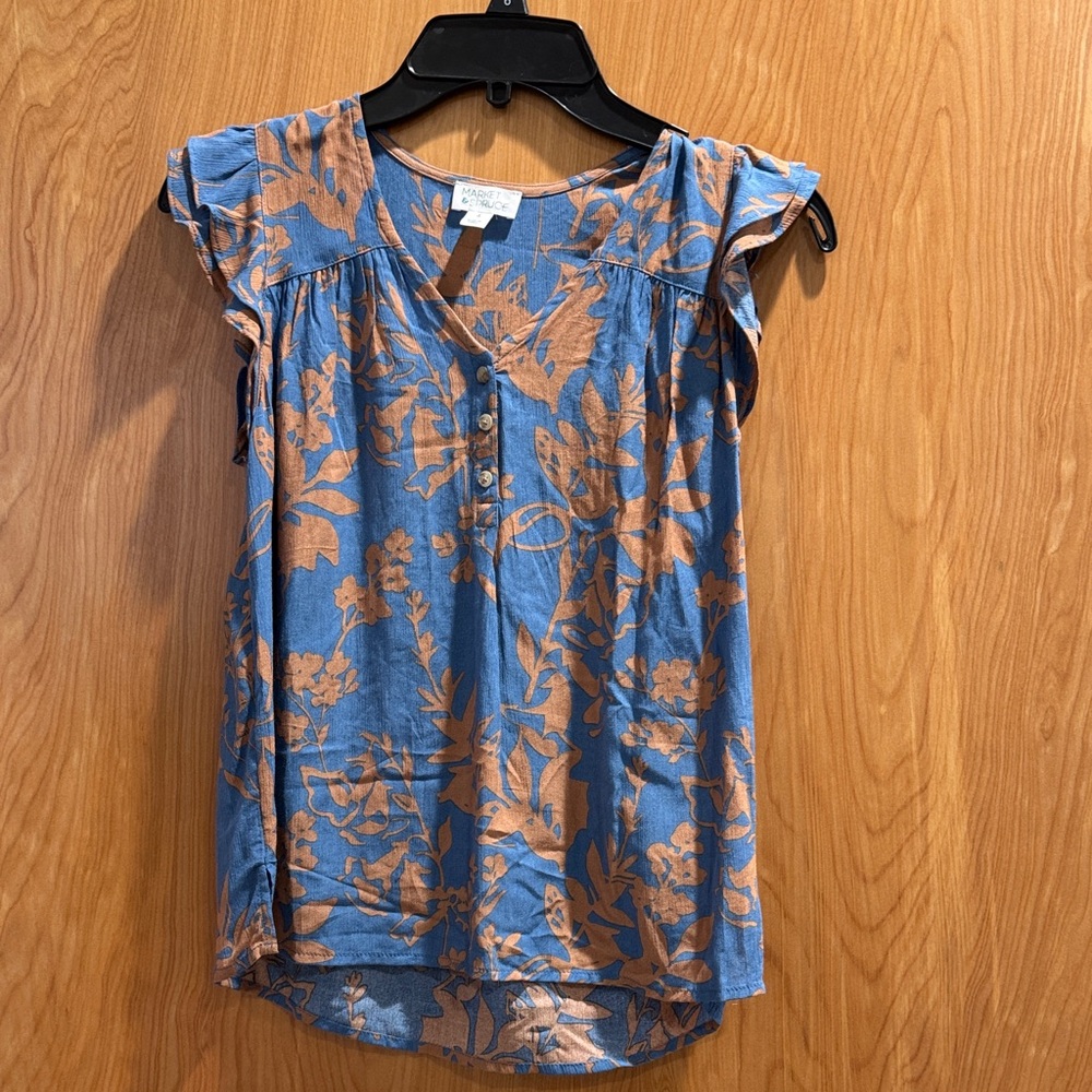 Market & Spruce Blue and Brown Floral Blouse